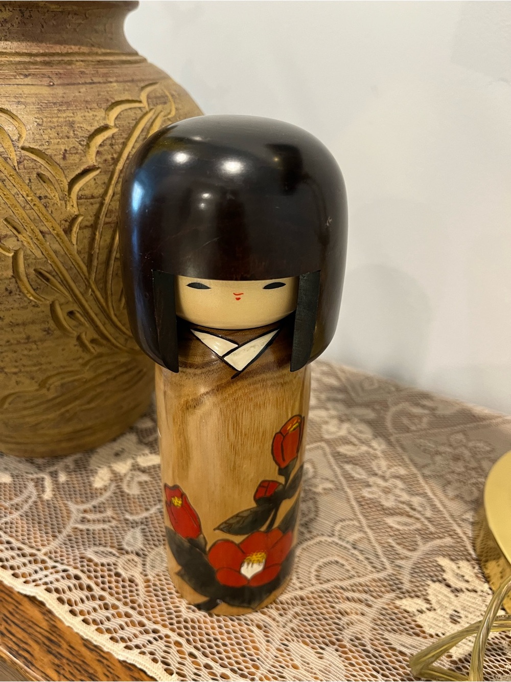 Kokeshi Doll Hand-Painted Wooden Kokeshi Doll with Red Floral Design